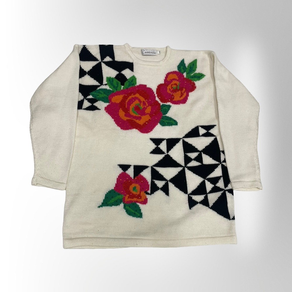 Vintage Essence Floral Geometric Sweater Pink 80s retro cozy cute casual office